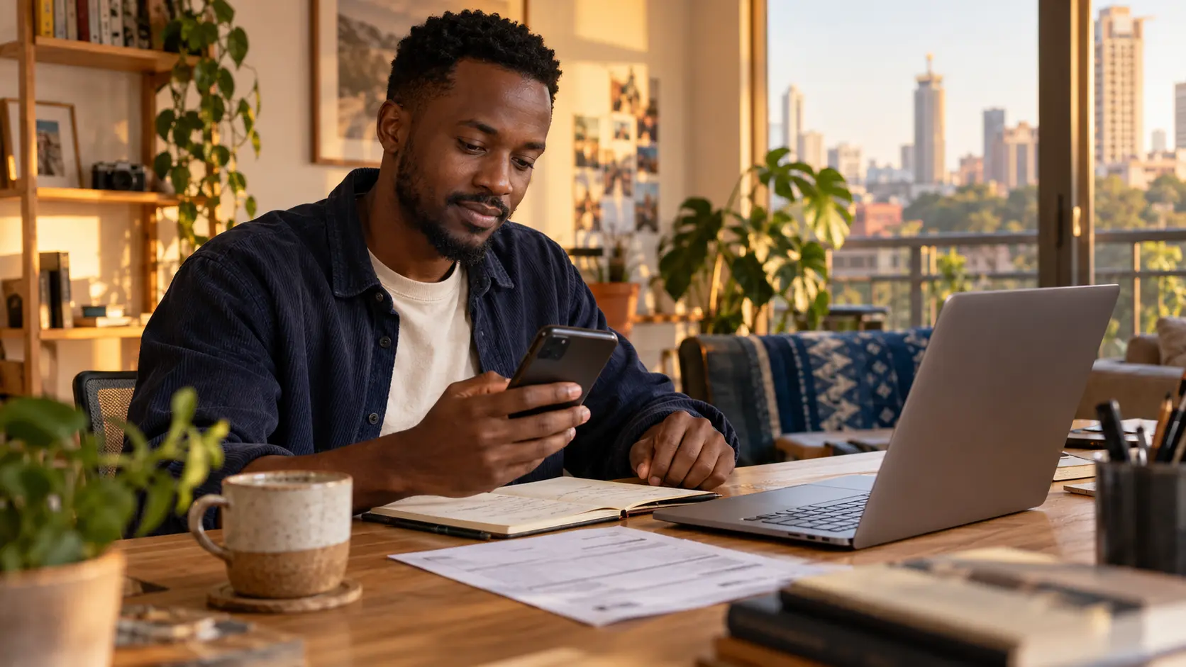 Illustrative scene of a Kenyan freelancer organising receipts at his home studio.