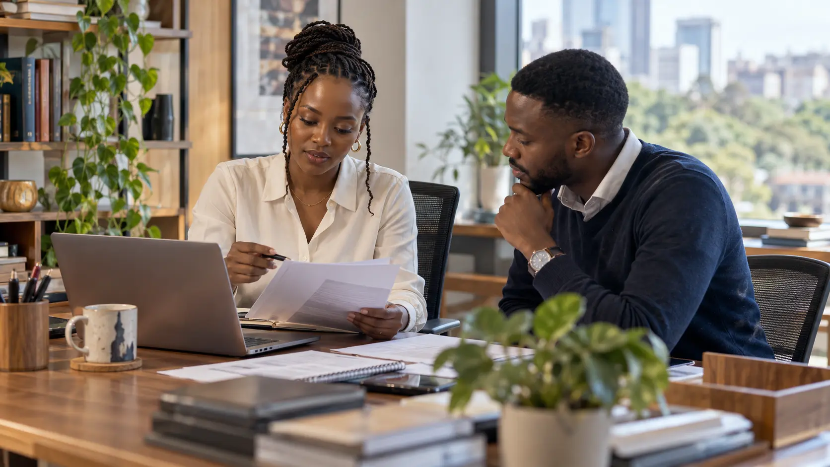 Illustrative scene of two Kenyan colleagues reviewing paperwork together in a Nairobi office.